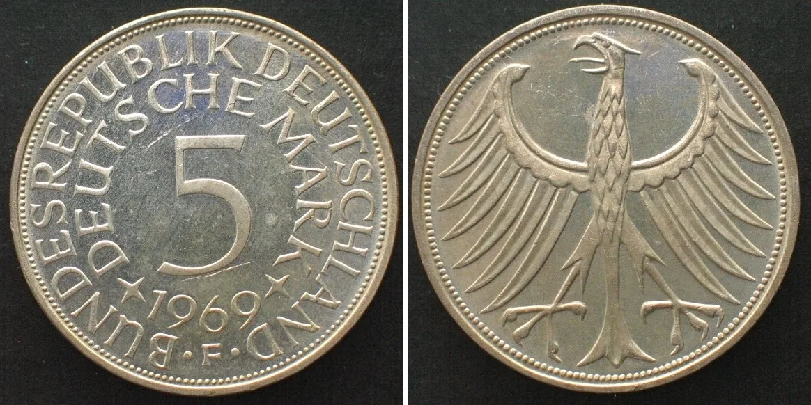 1969 GERMANY 5 Mark 1969 F, silver, Prooflike specimen! Prooflike