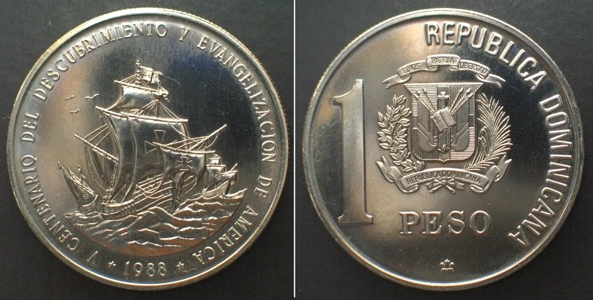 1988 DOMINICAN REPUBLIC 1 Peso 1988 COLUMBUS DISCOVERY Cu-Ni Prooflike