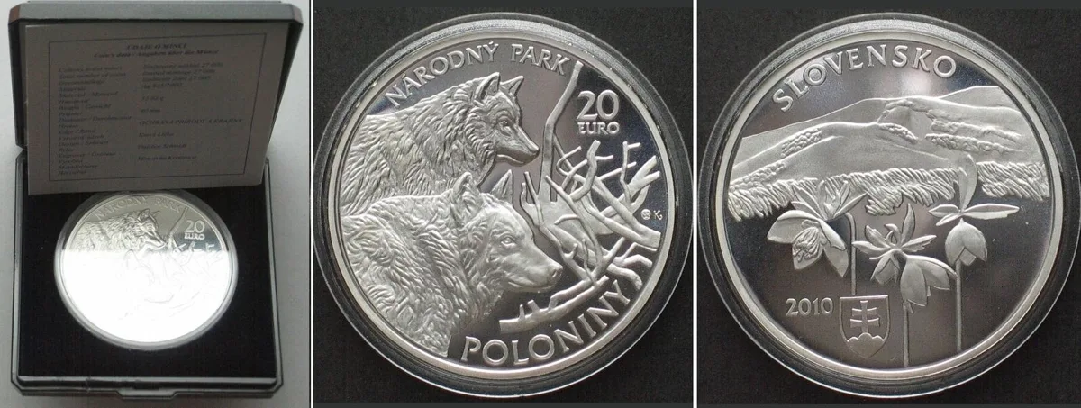 2010 SLOVAKIA 20 Euro 2010, Wolves, Poloniny National Park, silver Proof