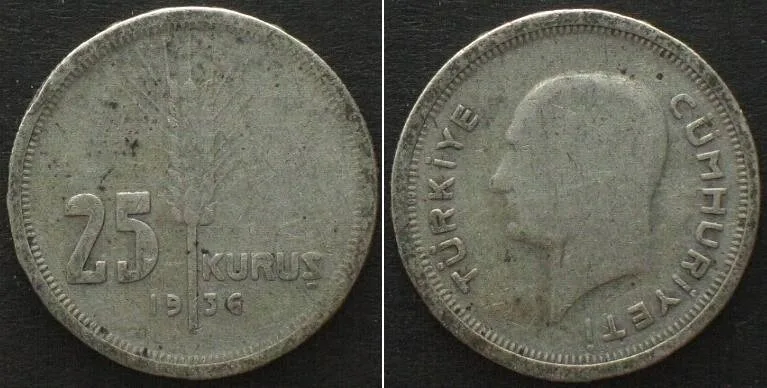 1936 TURKEY 25 Kurus 1936 silver aVF VF-