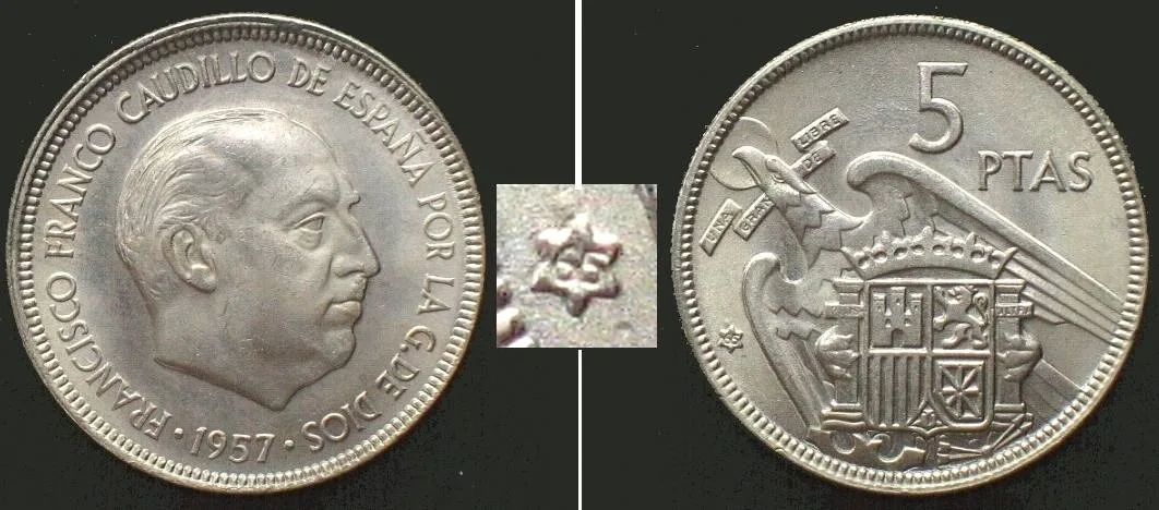 1965 SPAIN 5 Pesetas 1957 (65) FRANCO FRANCO Cu-Ni BU!