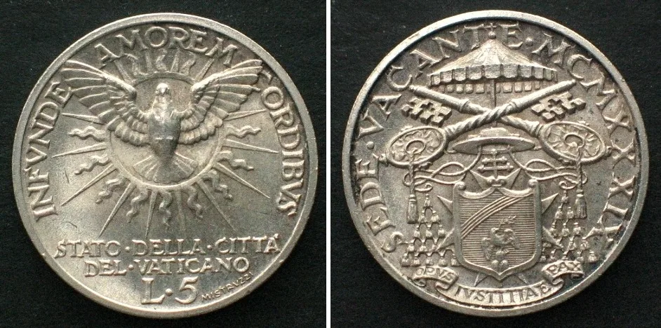 1939 VATICAN. 5 Lire 1939, SEDE VACANTE, silver, UNC!!!