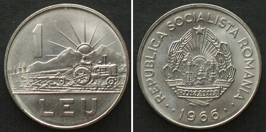 1966 ROMANIA 1 Leu 1966 Tractor, nickel clad steel, BU!!!