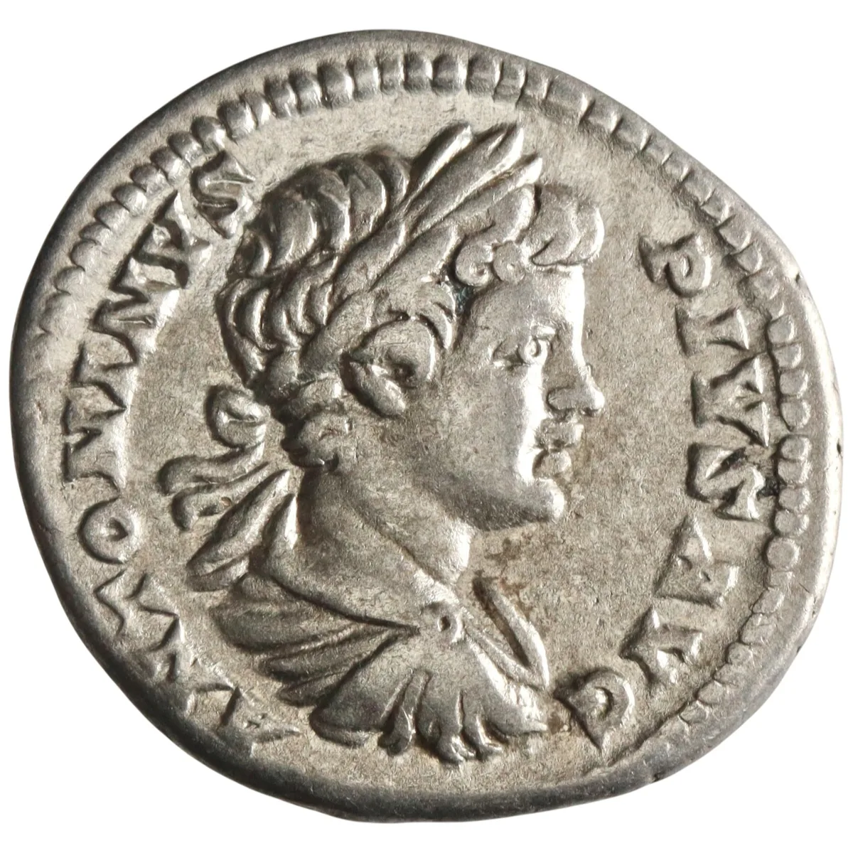 Roman: Caracalla (198-217), silver denarius (3.20g), Rome mint, 201 CE. Laureate draped bust / Trophy with two captives sitting back to back at its base.