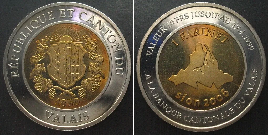 1999 Swiss VALAIS 10 Francs (Farinet) 1999 local coinage Bi-mettalic Proof