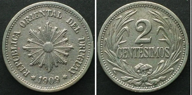 1909 URUGUAY. 2 Centesimos 1909 A, Cu-Ni, XF! EF
