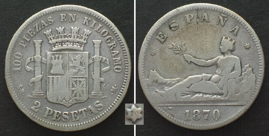 1870 SPAIN 2 Pesetas 1870 (70) SM-M silver, SCARCE DATE! VF
