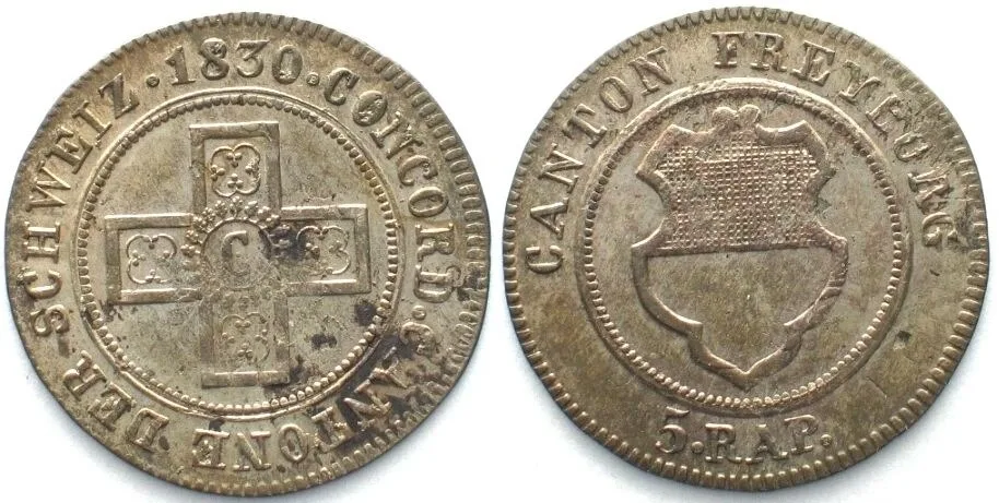 1830 Swiss FREIBURG 1/2 Batzen (5 Rappen) 1830 billon UNC!