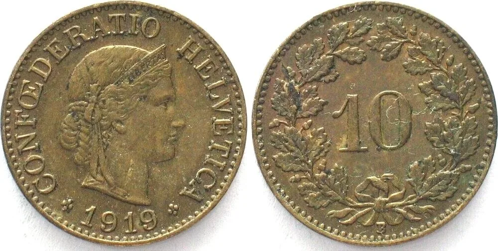 1919 SWITZERLAND 10 Rappen 1919 brass AU! RARE! AU