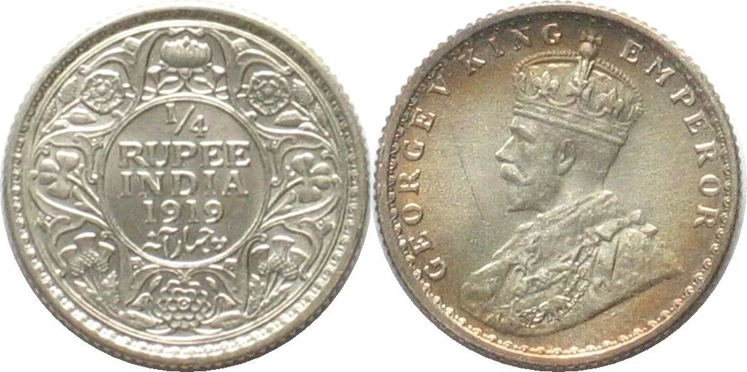 1919 INDIA BRITISH. 1/4 Rupee 1919, Calcutta, George V, silver, BU!!!