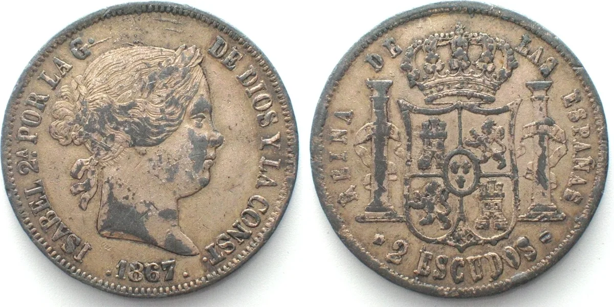 1867 SPAIN - CONTEMPORARY COUNTERFEIT - 2 Escudos 1867, ISABEL II AU