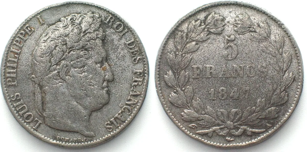 1847 FRANCE 5 Francs 1847 A, LOUIS PHILIPPE, Contemporary counterfeit, lead/tin alloy VF